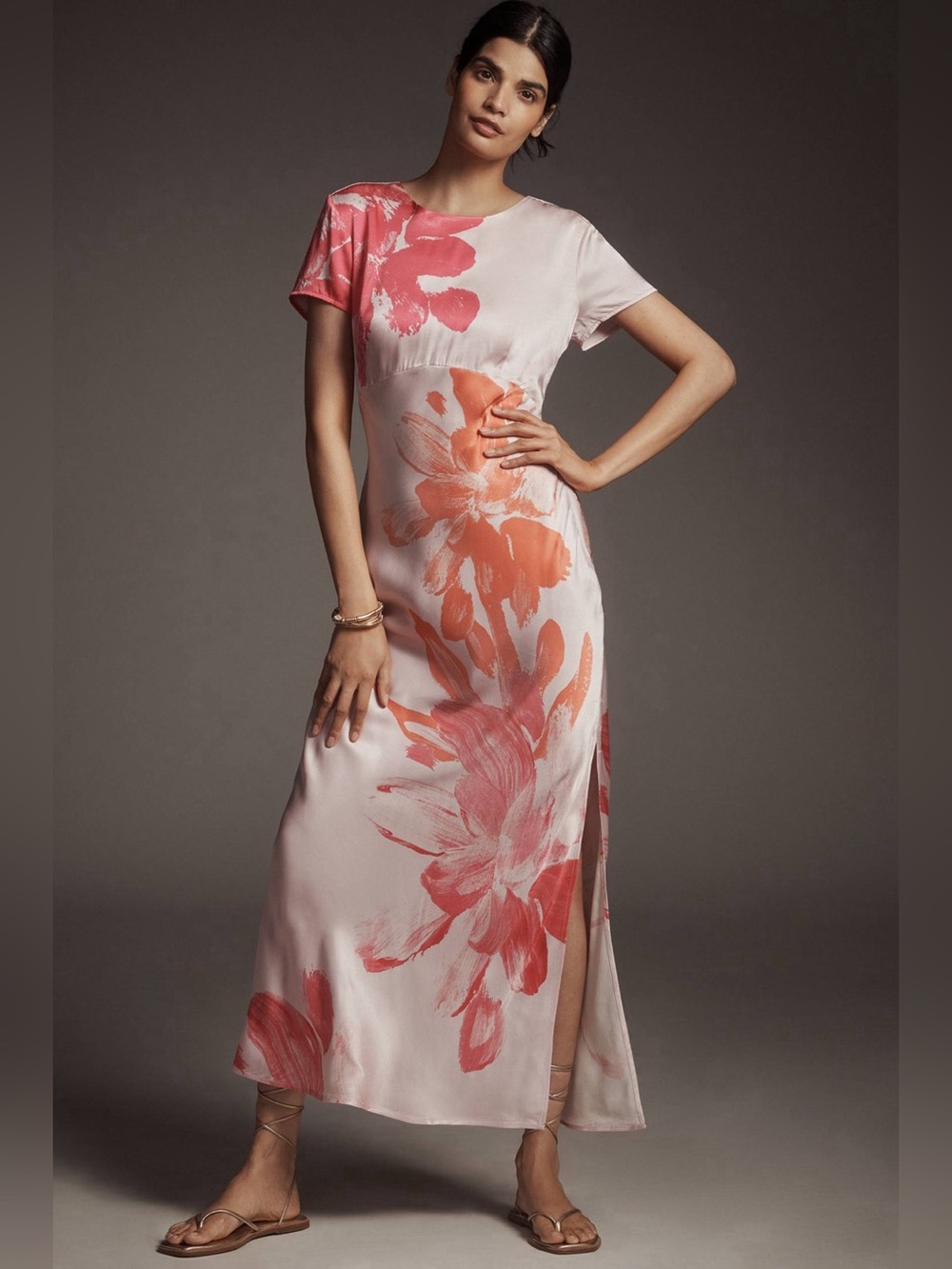 Anthropologie Satin Floral Printed Pink Maxi Dress size S chic feminine wedding